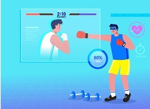 VR로 복싱을 즐기는 남성이 있는 헬시플레저 벡터 일러스트