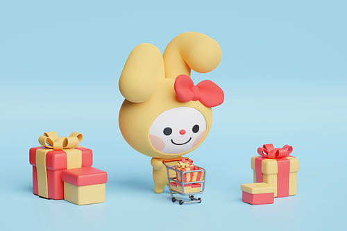 계묘년_쇼핑카트와 선물상자 토끼 캐릭터 3d 그래픽