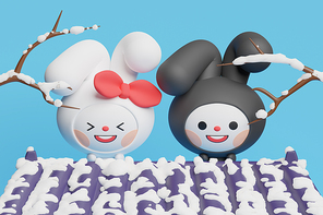 계묘년_한옥과 토끼 캐릭터 3d 그래픽