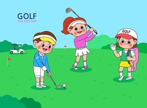 어린이들이 함께 골프를 치고 있는 어린이스포츠 벡터 일러스트