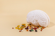 뇌건강과치매_뇌모형과 영양제 사진 이미지
