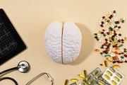 뇌건강과치매_뇌모형과 청진기 영양제 태블릿 사진 이미지