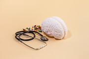 뇌건강과치매_뇌모형과 청진기 영양제 사진 이미지