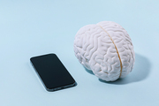 뇌건강과치매_뇌모형과 핸드폰 사진 이미지