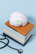 뇌건강과치매_쌓여있는 책과 뇌모형과 청진기 사진 이미지