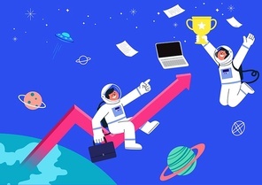 상승곡선에 앉아있는 우주비행사와 트로피를 들고 기뻐하는 우주비행사가 있는 성공비즈니스 백터 일러스트