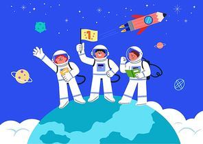 1등 깃발을 들고있는 우주비행사들이 있는 교육이벤트 백터 일러스트
