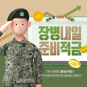 경례하고 있는 군인캐릭터와 통장이 있는 장병내일준비적금 카드뉴스 커버