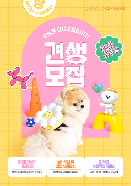 귀여운 가방을 메고 귀여운 모자를 쓴 강아지가 있는 펫유치원 홍보 포스터