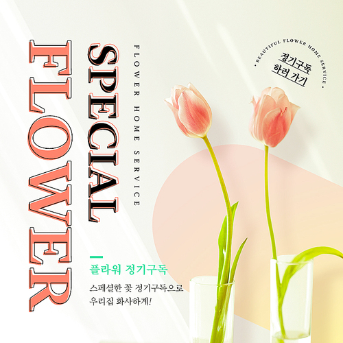 유리꽃병에 튤립이 꽂혀있는 컬러풀한 감성스타일의 꽃 정기구독 SNS 이벤트 배너