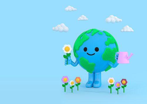지구캐릭터_꽃과 물뿌리개 들고있는 3d 그래픽 합성 이미지