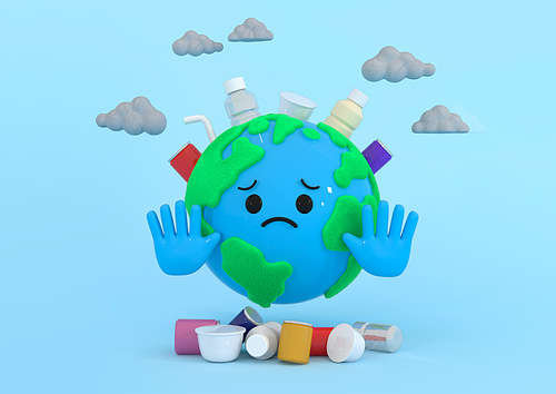 지구캐릭터_환경오염과 쓰레기들 3d 그래픽 합성 이미지