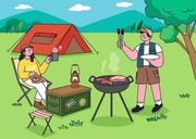 캠핑장에서 고기를 구우며 캠핑을 즐기는 커플 벡터