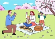 벚꽃나무 아래에서 피크닉을 즐기는 가족 벡터