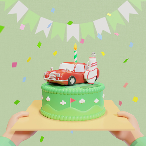 이벤트데이_부모님께드리는 생일케이크 클래식한자동차 골프가방과 골프채 3d 그래픽 이미지