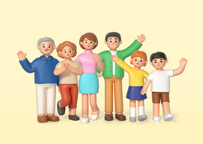 가족캐릭터_손들어 인사하는 가족들 3d 그래픽 이미지