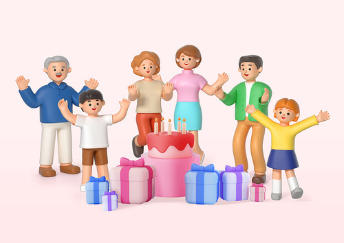 가족캐릭터_선물과 케이크에 행복한 가족들 3d 그래픽 이미지