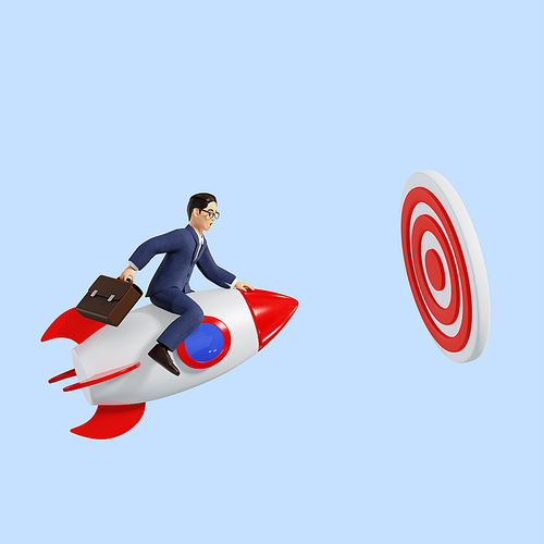 비즈니스_로켓타고 표적을 향해가는 3d 캐릭터 이미지