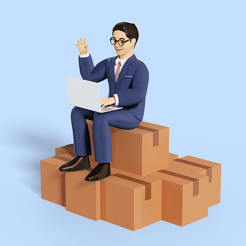 비즈니스_상자에 앉아있는 남자 3d 캐릭터 이미지
