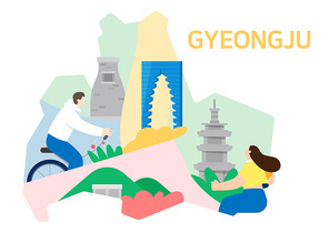 경주_지도 속 명소에서 여행을 즐기는 사람들 벡터