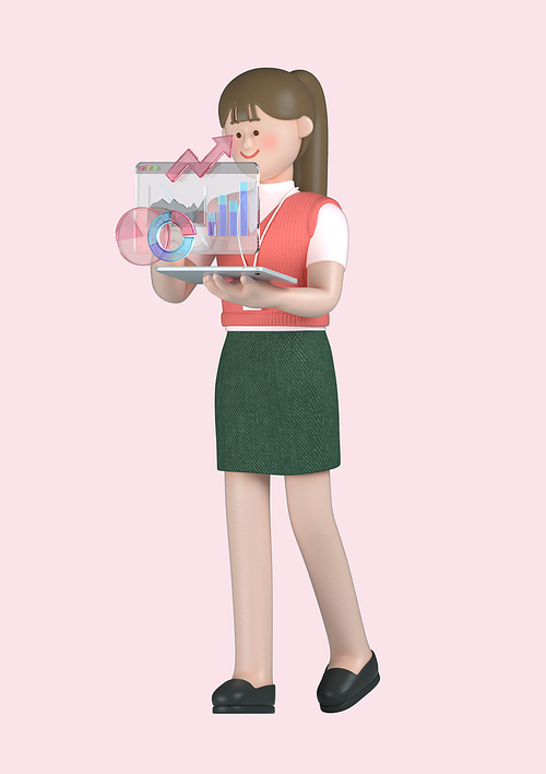 스타트업_그래프 차트 분석하는 여자 비즈니스 3d 그래픽 캐릭터 이미지