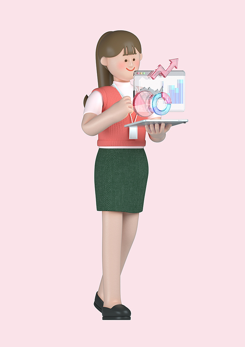 스타트업_그래프 차트 분석하는 여자 비즈니스 3d 그래픽 캐릭터 이미지