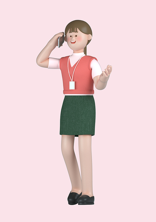 스타트업_스마트폰으로 통화하는 여자 비즈니스 3d 그래픽 캐릭터 이미지