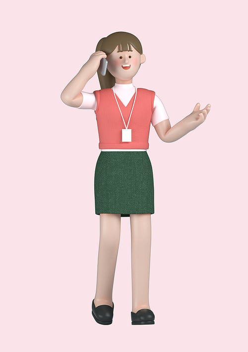 스타트업_스마트폰으로 통화하는 여자 비즈니스 3d 그래픽 캐릭터 이미지