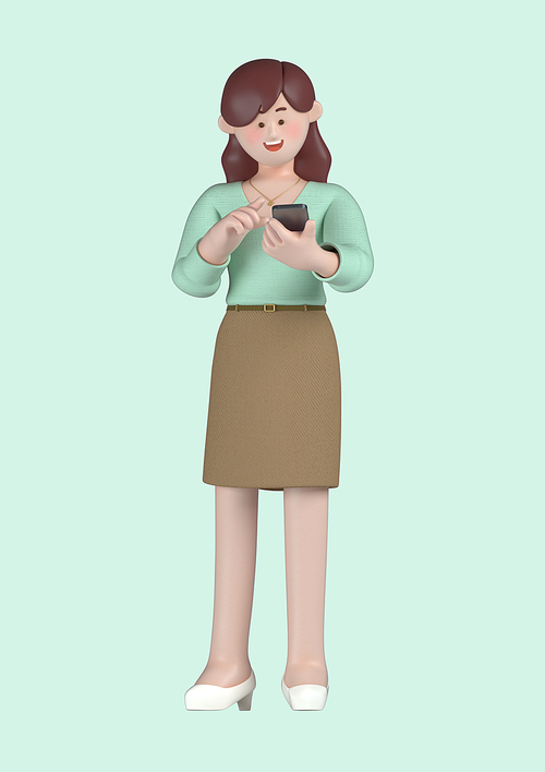 스타트업_스마트폰들고 있는 여자 비즈니스 3d 그래픽 캐릭터 이미지