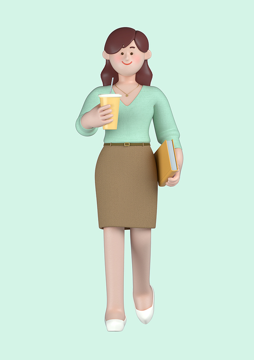 스타트업_책들고 음료 마시는 여자 비즈니스 3d 그래픽 캐릭터 이미지