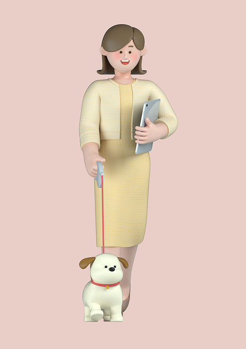 스타트업_반려견과 같이 출근하는 여자 비즈니스 3d 그래픽 캐릭터 이미지