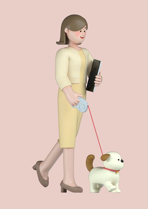 스타트업_반려견과 같이 출근하는 여자 비즈니스 3d 그래픽 캐릭터 이미지
