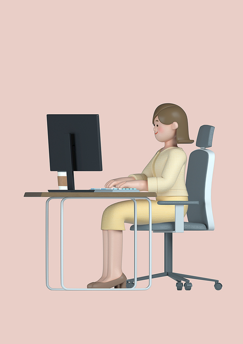 스타트업_책상에 앉아있는 여자 비즈니스 3d 그래픽 캐릭터 이미지