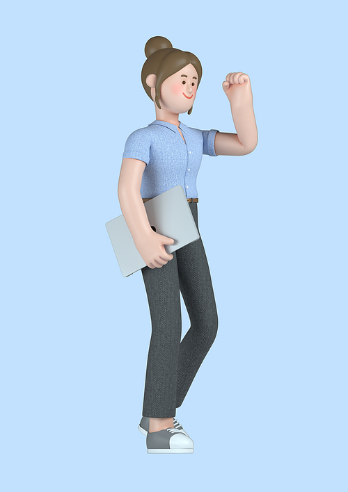 스타트업_노트북들고 있는 여자 비즈니스 3d 그래픽 캐릭터 이미지