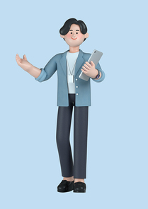스타트업_타블렛들고 발표하는 남자 비즈니스 3d 그래픽 캐릭터 이미지