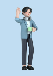 스타트업_머그컵들고 휴식중인 남자 비즈니스 3d 그래픽 캐릭터 이미지