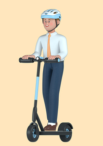 스타트업_전동킥보드로 출근하는 남자 비즈니스 3d 그래픽 캐릭터 이미지