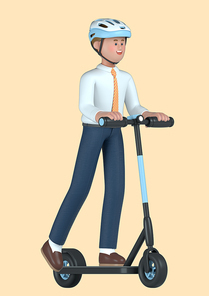 스타트업_전동킥보드로 출근하는 남자 비즈니스 3d 그래픽 캐릭터 이미지