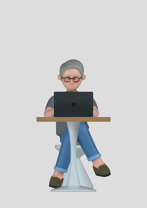 스타트업_노트북하며 앉아있는 남자 비즈니스 3d 그래픽 캐릭터 이미지