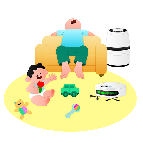 생활 가전 제품_소파에 앉아 쉬는 남자와 놀이하는 아이 공기청정기와 로봇청소기 벡터 일러스트