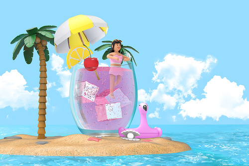 무인도 얼음이 담긴 유리잔 속 수영하는 여자 3D 그래픽