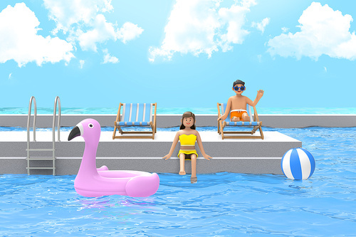 바다가 보이는 수영장에서 물놀이하는 남자와 여자 3D 그래픽