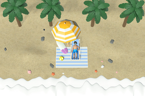 해변 파라솔 밑 선배드에서 쉬고있는 남자 3D 그래픽