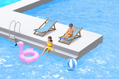 바다가 보이는 수영장에서 물놀이하는 남자와 여자 3D 그래픽