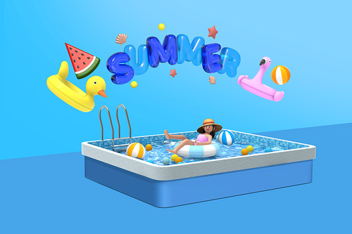 수영장에서 튜브를 타고 있는 여자 위의 SUMMER 텍스트 3D 그래픽