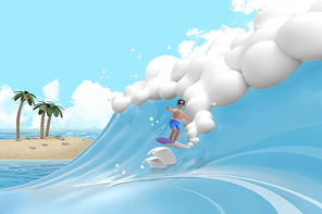 대형 파도에서 서핑하는 남자뒤로 보이는 야자수와 바다 3D 그래픽