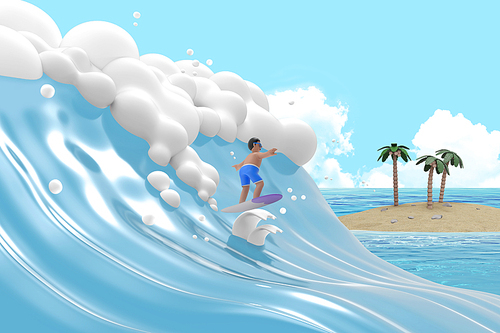 대형 파도에서 서핑하는 남자뒤로 보이는 야자수와 바다 3D 그래픽