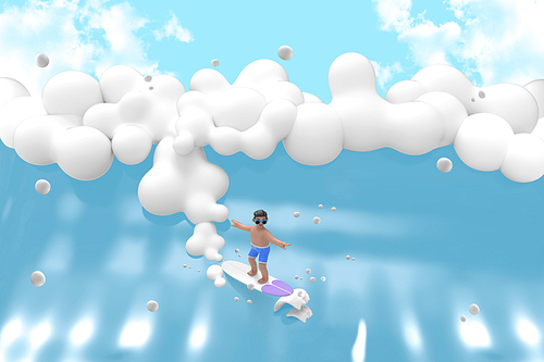 대형 파도에서 서핑하는 남자 3D 그래픽
