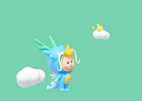 구름 속 별에게 인사하는 3D 청룡 캐릭터