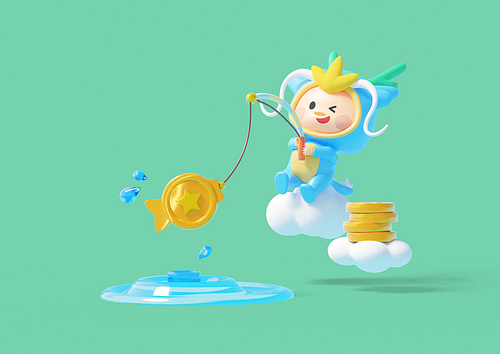 낚시대로 동전을 낚고 있는 3D 청룡 캐릭터